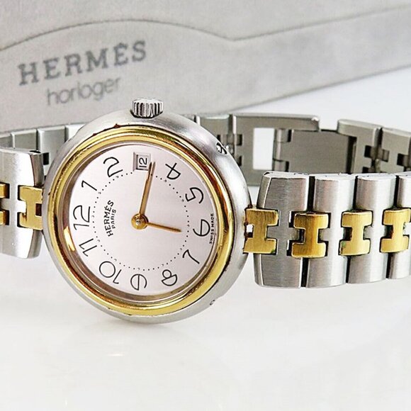 Authentic HERMES Silver Tone Profile Combi Model Men's Wrist Watch